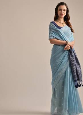 Firozi color muga cotton resham weaving concept saree 2
