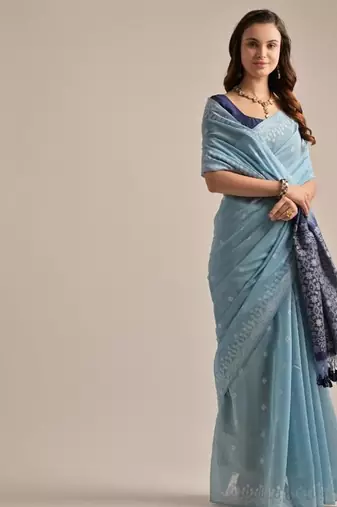 Firozi color muga cotton resham weaving concept saree