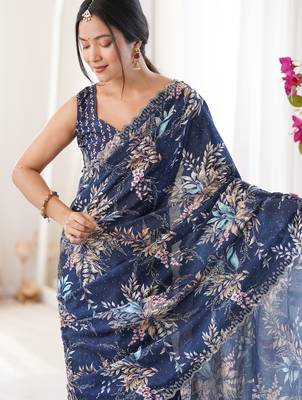 blue silk blend digital printed saree with swarovski diamond work & blouse piece 4