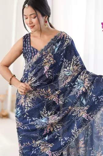 blue silk blend digital printed saree with swarovski diamond work & blouse piece