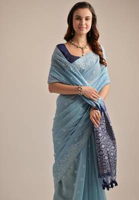 Firozi color muga cotton resham weaving concept saree 3
