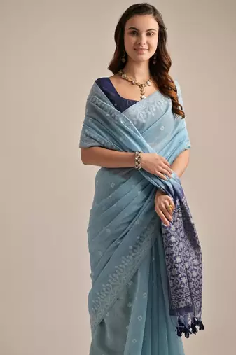 Firozi color muga cotton resham weaving concept saree