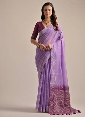 Levender color muga cotton resham weaving concept saree 1