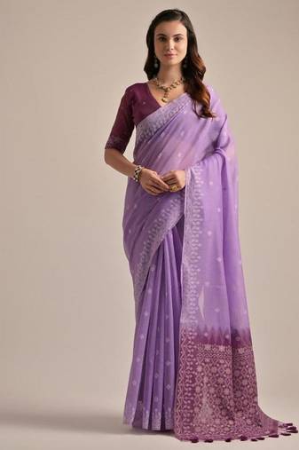 Levender color muga cotton resham weaving concept saree