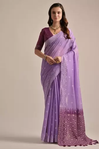 Levender color muga cotton resham weaving concept saree