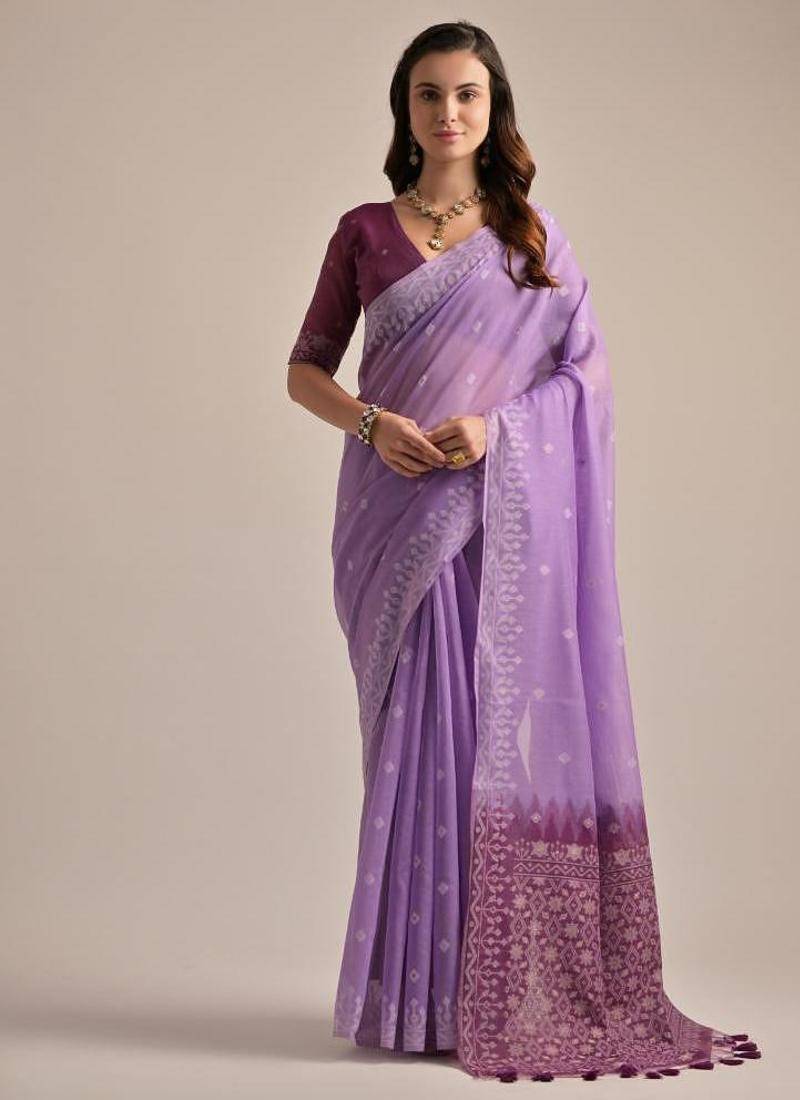 Levender color muga cotton resham weaving concept saree