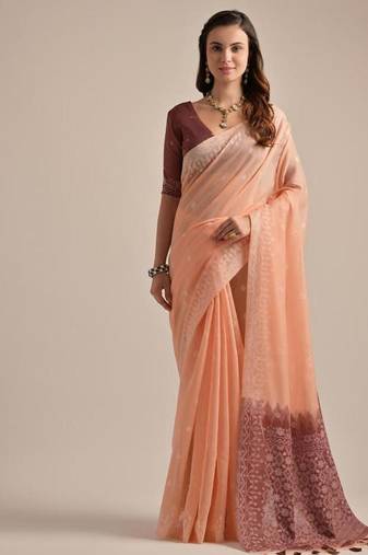 Peach color muga cotton resham weaving concept saree
