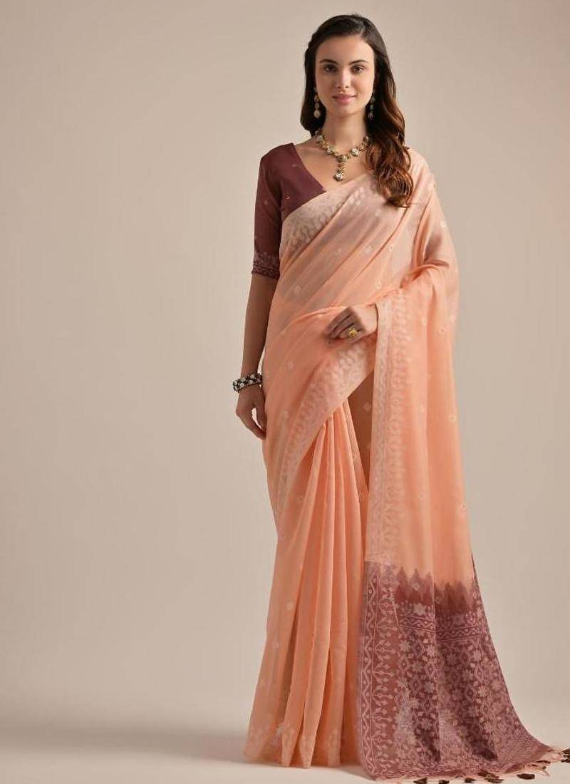 Peach color muga cotton resham weaving concept saree