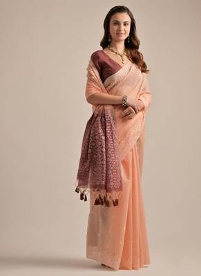 Peach color muga cotton resham weaving concept saree 2