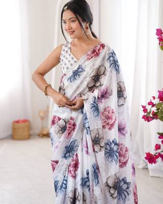 white silk blend digital printed saree with swarovski diamond work & blouse piece 1