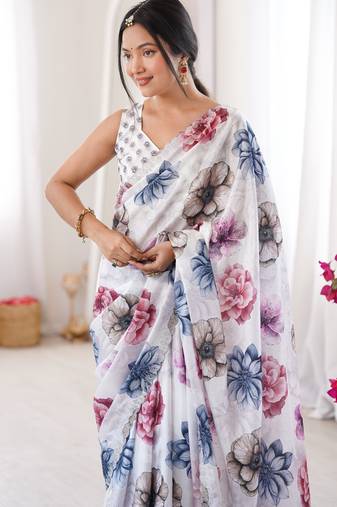 white silk blend digital printed saree with swarovski diamond work & blouse piece