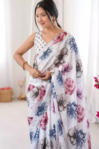 white silk blend digital printed saree with swarovski diamond work & blouse piece