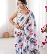 white silk blend digital printed saree with swarovski diamond work & blouse piece