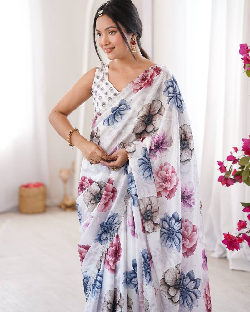 white silk blend digital printed saree with swarovski diamond work & blouse piece