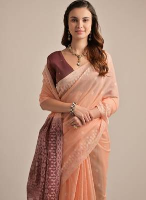 Peach color muga cotton resham weaving concept saree 3