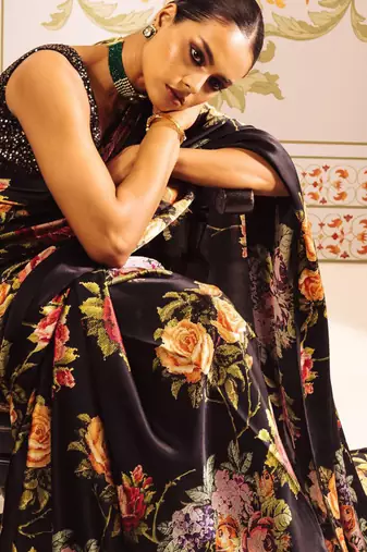 Black original japan devsena satin saree japan satin digital print blouse