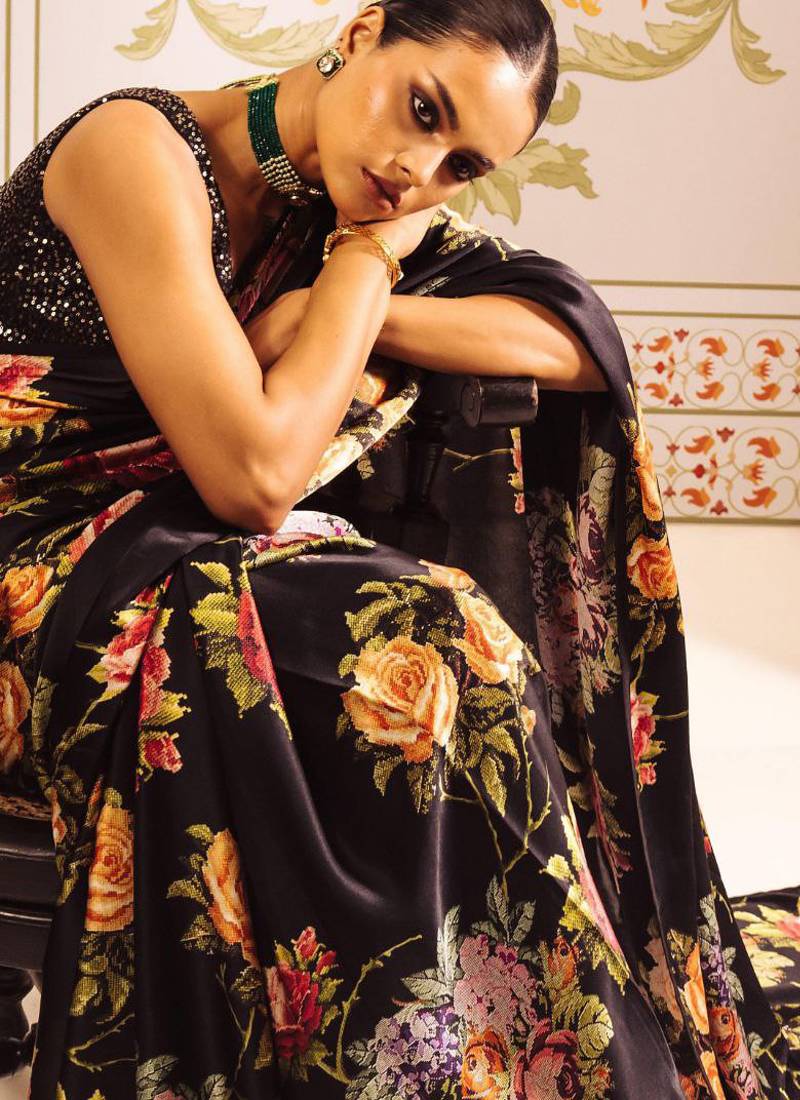 Black original japan devsena satin saree japan satin digital print blouse