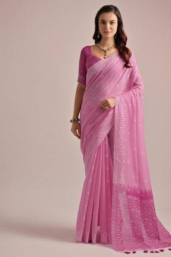 Pink color muga cotton resham weaving concept saree