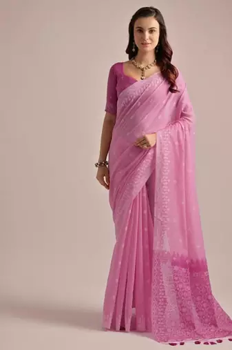 Pink color muga cotton resham weaving concept saree