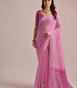 Pink color muga cotton resham weaving concept saree