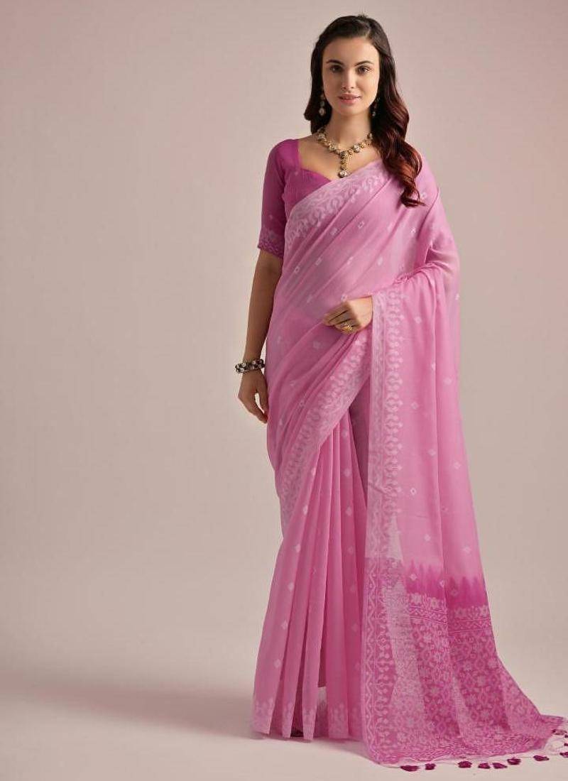 Pink color muga cotton resham weaving concept saree