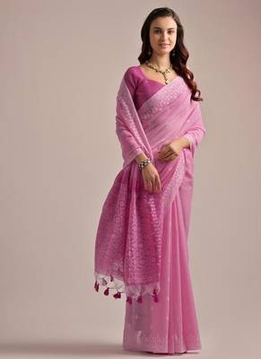 Pink color muga cotton resham weaving concept saree 2