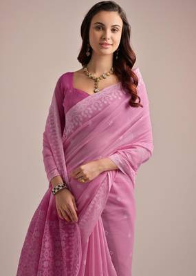 Pink color muga cotton resham weaving concept saree 3