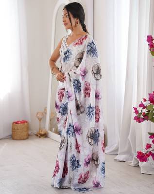 white silk blend digital printed saree with swarovski diamond work & blouse piece 3