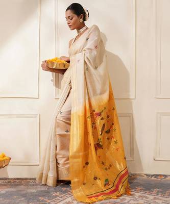 Off-white & yellow muga cotton resham weaving saree 2