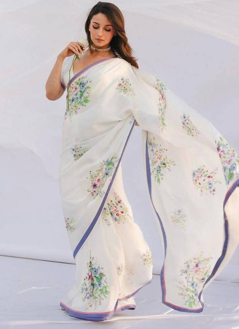 White original japan devsena satin saree japan satin digital print blouse