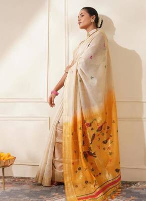 Off-white & yellow muga cotton resham weaving saree 3