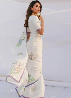 White original japan satin saree with digital print blouse 2