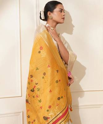 Off-white & yellow muga cotton resham weaving saree 4