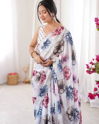 white silk blend digital printed saree with swarovski diamond work & blouse piece 4