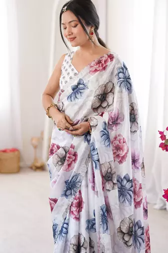 white silk blend digital printed saree with swarovski diamond work & blouse piece