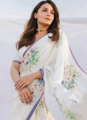 White original japan satin saree with digital print blouse 3