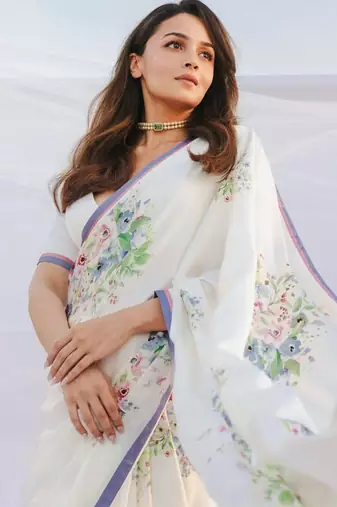 White original japan satin saree with digital print blouse