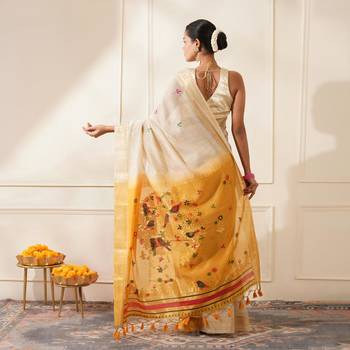 Off-white & yellow muga cotton resham weaving saree 5