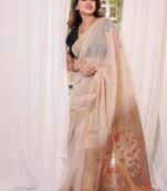 Off-white & chiku color muga cotton resham weaving saree