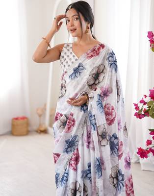 white silk blend digital printed saree with swarovski diamond work & blouse piece 5