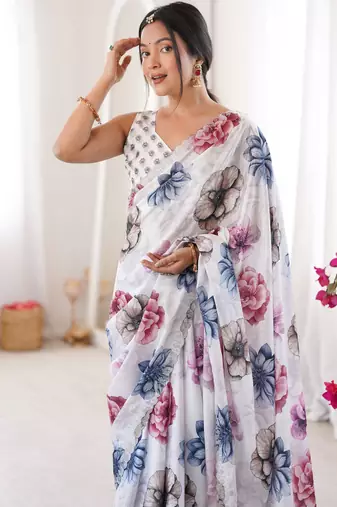 white silk blend digital printed saree with swarovski diamond work & blouse piece