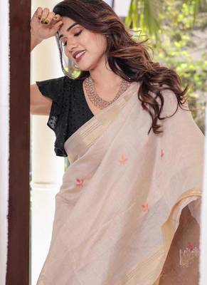 Off-white & chiku color muga cotton resham weaving saree 2