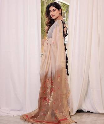 Off-white & chiku color muga cotton resham weaving saree 3