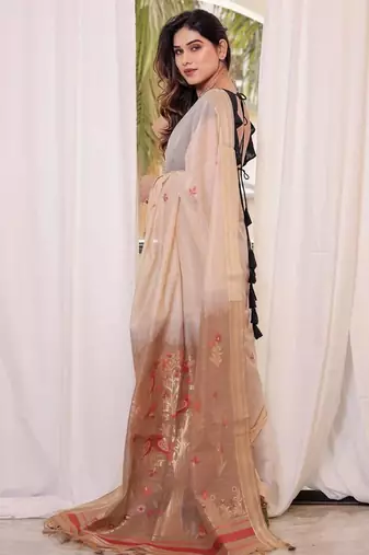 Off-white & chiku color muga cotton resham weaving saree