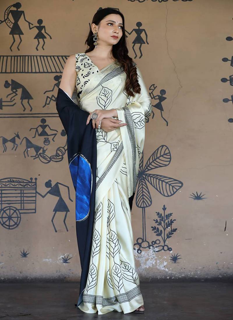 White original japan devsena satin saree japan satin digital print blouse