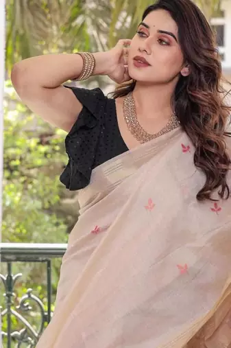 Off-white & chiku color muga cotton resham weaving saree