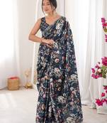 teal silk blend digital printed saree with swarovski diamond work & blouse piece