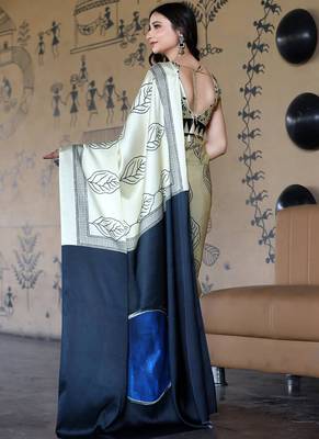 White original japan satin saree with digital print blouse 2