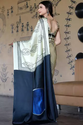 White original japan satin saree with digital print blouse