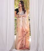 Off-white & peach color muga cotton resham weaving saree